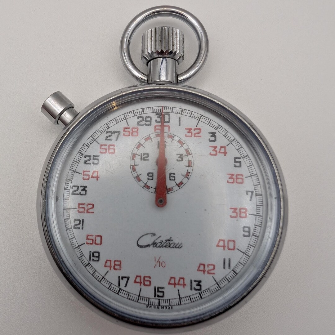 Vintage Chateau Swiss Stopwatch Chrome Mechanical Timer 1/10 Second ...