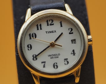 Timex Indiglo Watch | White Dial | Date | Ladies Quartz | Black Leather | Y2K Era | Pre-Owned