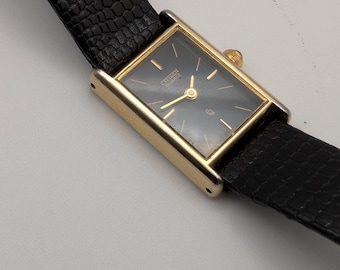 Vintage Citizen Quartz Tank Watch Black Dial Gold Tone 10K Gold Filled Charm