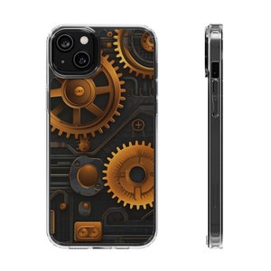 May include: A clear phone case with a steampunk design featuring gold and black gears on a dark background. The case is compatible with an iPhone.