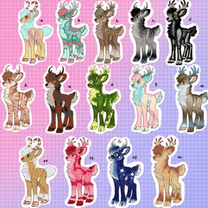 May include: A collection of 14 illustrated deer characters with various color schemes and designs. Each deer has unique antlers and body patterns, including stripes, spots, and floral motifs. The background is a gradient of pink and blue.
