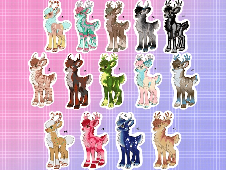 May include: A collection of 14 illustrated deer characters with various color schemes and designs. Each deer has unique antlers and body patterns, including stripes, spots, and floral motifs. The background is a gradient of pink and blue.