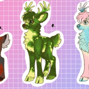 May include: A collection of five cartoon deer illustrations, each with unique color schemes and designs. The deer are depicted in various shades, including brown, red, green, pink, and blue, with detailed antlers and fur patterns. The background is a grid pattern with pink and blue hues.