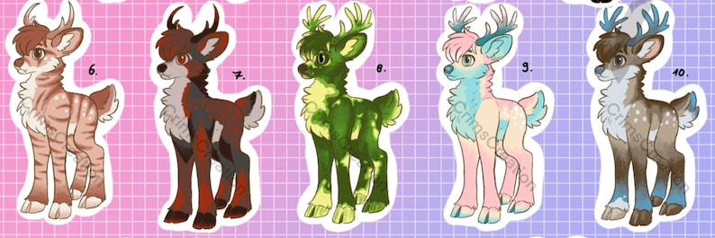 May include: A collection of five cartoon deer illustrations, each with unique color schemes and designs. The deer are depicted in various shades, including brown, red, green, pink, and blue, with detailed antlers and fur patterns. The background is a grid pattern with pink and blue hues.