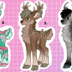 May include: Five whimsical deer illustrations with unique designs. The deer feature various color schemes, including pastel, patterned, and skeletal styles. Each deer has antlers and is set against a pink and purple grid background. The illustrations are numbered 1 through 5.
