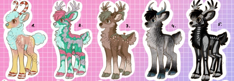 May include: Five whimsical deer illustrations with unique designs. The deer feature various color schemes, including pastel, patterned, and skeletal styles. Each deer has antlers and is set against a pink and purple grid background. The illustrations are numbered 1 through 5.
