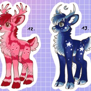 May include: Four cartoon deer stickers with unique designs. One is tan with candy accents, another is pink with heart patterns, a third is dark blue with stars, and the last is tan with brown spots.