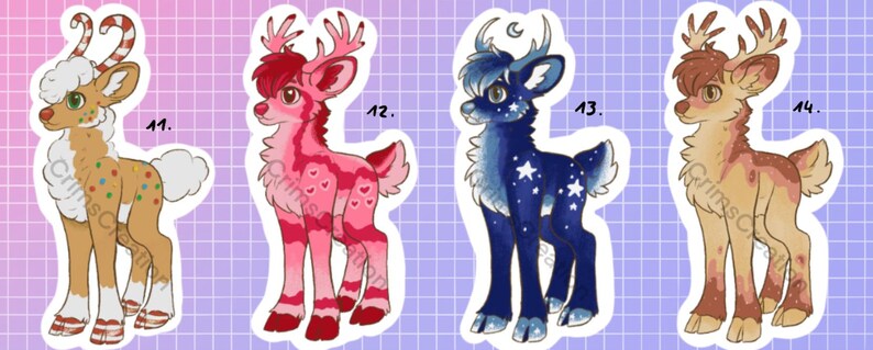 May include: Four cartoon deer stickers with unique designs. One is tan with candy accents, another is pink with heart patterns, a third is dark blue with stars, and the last is tan with brown spots.