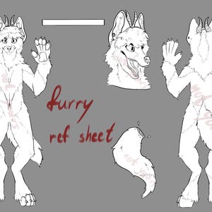 Könnte beinhalten: Ein weißes Furry-Charakter-Referenzblatt mit mehreren Ansichten: volle Vorderansicht, Nahaufnahme, Rückansicht und Schwanz. Der Text "furry ref sheet" ist rot geschrieben. Die Figur hat Hörner und pfotenartige Hände und Füße.