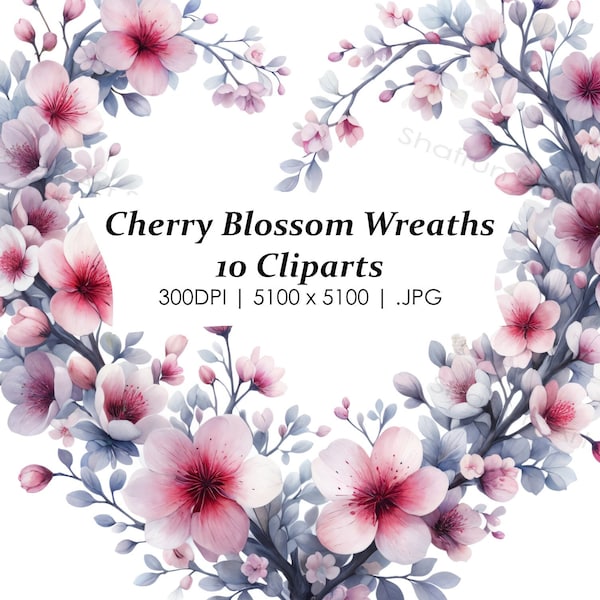 Cherry Blossom Heart Wreath Cliparts, Watercolor Cherry Blossom Card Making Cherry Blossom Tree Baby Shower Wedding Bachelorette Party