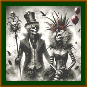 Puede incluir: Una ilustración en blanco y negro de una pareja vestida con atuendos góticos. El hombre lleva un sombrero de copa y un abrigo largo, mientras que la mujer lleva un tocado de plumas y un corsé. Están rodeados de corazones y globos.