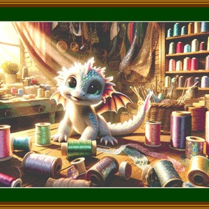 May include: A small, white and blue dragon with large, green eyes sits on a wooden table surrounded by spools of colorful thread. The dragon has a long tail and a pair of wings. The table is covered in spools of thread and other sewing supplies.