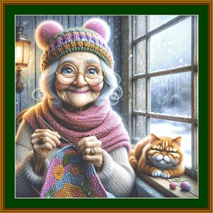 May include: A woman wearing a pink knitted hat with ear flaps and a pink scarf is knitting a colourful blanket while sitting by a window. A ginger cat is sitting on the windowsill beside her.