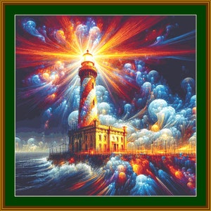 May include: A colorful, abstract painting of a lighthouse with a red and white striped tower, surrounded by swirling blue and orange clouds. The lighthouse is emitting a bright light, illuminating the scene.