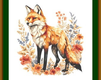 以下が含まれることがあります： オレンジ、赤、青の野花が咲く野原に赤いキツネが立っています。キツネはふさふさの尻尾ととがった鼻を持っています。
