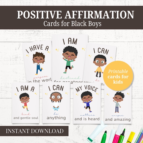 Positive Affirmations Cards Printable for Black Kids & Toddlers | Kids Positivity and Motivational Cards for Black Boys
