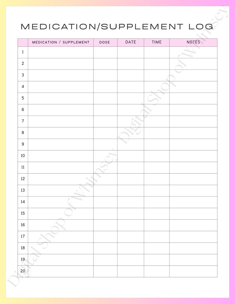 Printable Medication Tracking Sheet, Supplement Tracking Sheet ...