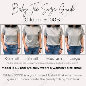 May include: A size guide for Gildan 5000B youth sized t-shirts, showing four models wearing the shirts in sizes X-Small, Small, Medium, and Large. The model is 5'4" and typically wears a women's size small. The text states that the shirts are tucked into the jeans in the pictures.