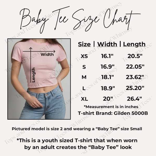 Baby Tee Size Chart, Gilden 5000B size chart, Trendy Baby Tee Size chart, Baby Tee Y2K