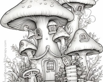 Fairy Mushroom Home Coloring Page, Mushroom Homes, Fairy Gifts, Fairy Coloring, Fantasy