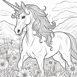 May include: A black and white line drawing of a unicorn standing in a field of flowers. The unicorn has a long, flowing mane and tail, and a single horn on its forehead. The flowers are in bloom and have delicate petals.