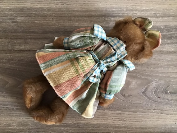 Vintage Plush Teddy Bear in Blue Plaid Dress, 14