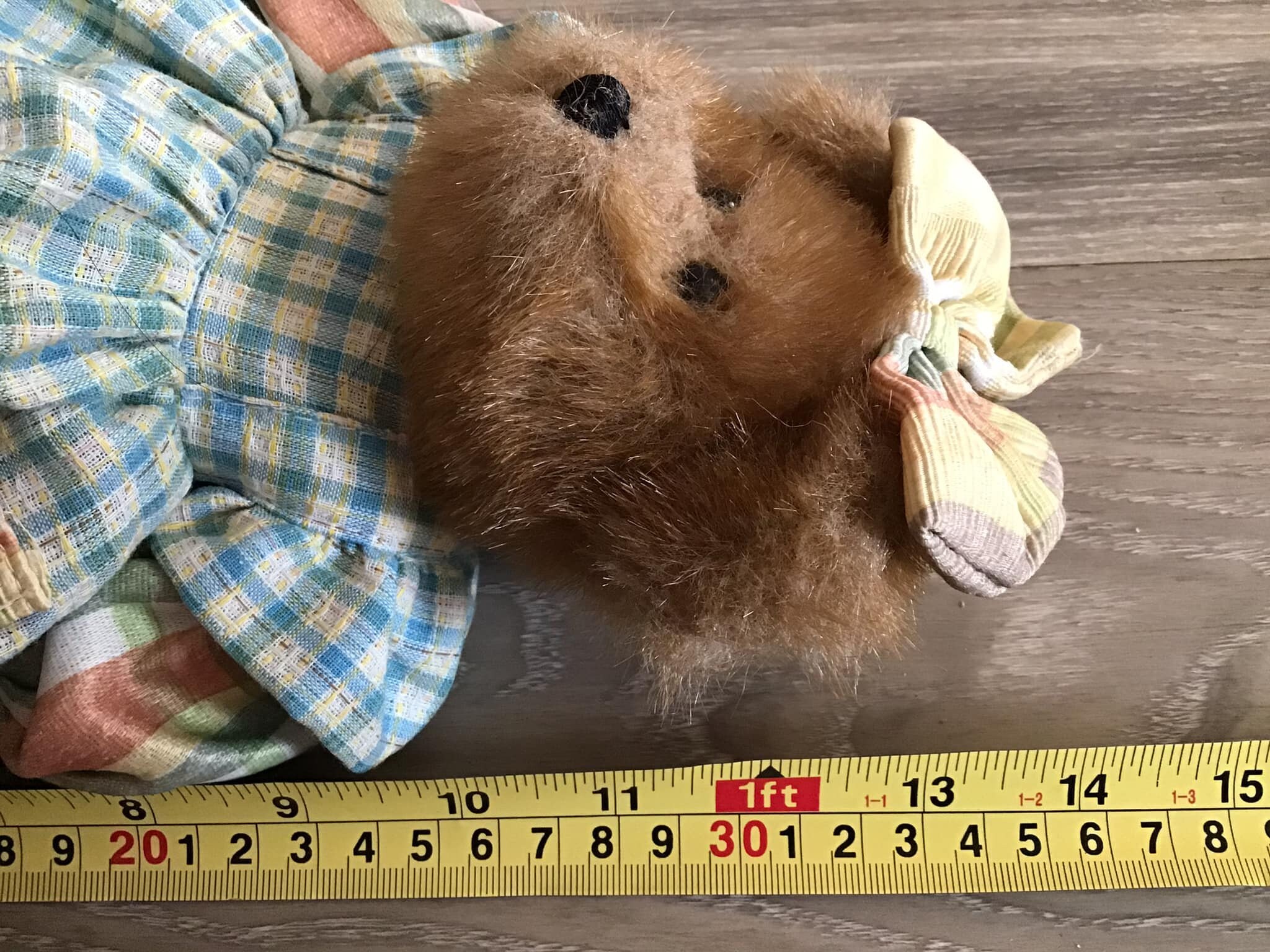 Vintage Plush Teddy Bear in Blue Plaid Dress, 14