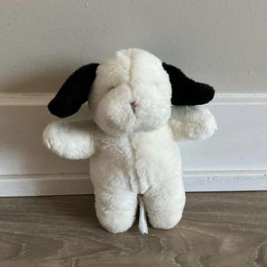 Vintage Gund White Dog Plush Black Ears 7 Inch 1990 Stuffed Animal Toy