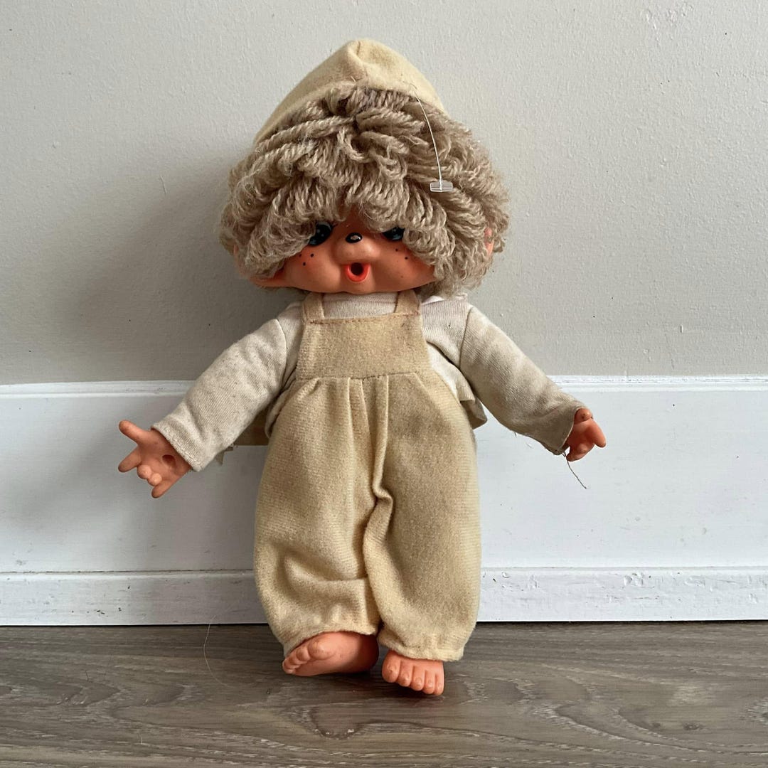 Vintage Kiki Monchhichi Doll in Beige Overalls Made in Korea