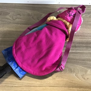 May include: A pink and blue plush backpack with a character from the movie Frozen. The backpack has a pink strap and a pink hood with a white design.