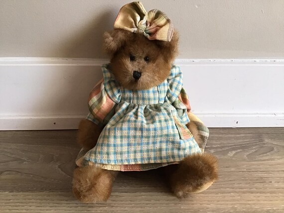 ぬいぐるみ vintage teddy bear with check dress Vintage Plush Teddy Bear in Blue Plaid Dress, 14