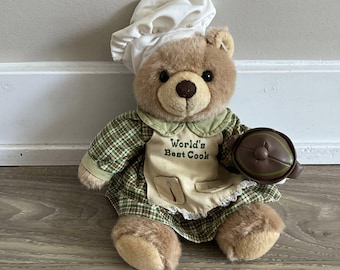 Oso de peluche chef vintage, delantal de cocina mundial, 8 pulgadas