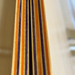 May include: Close-up of the edge of a wooden board, showing the layers of wood veneer in orange, purple, and brown.