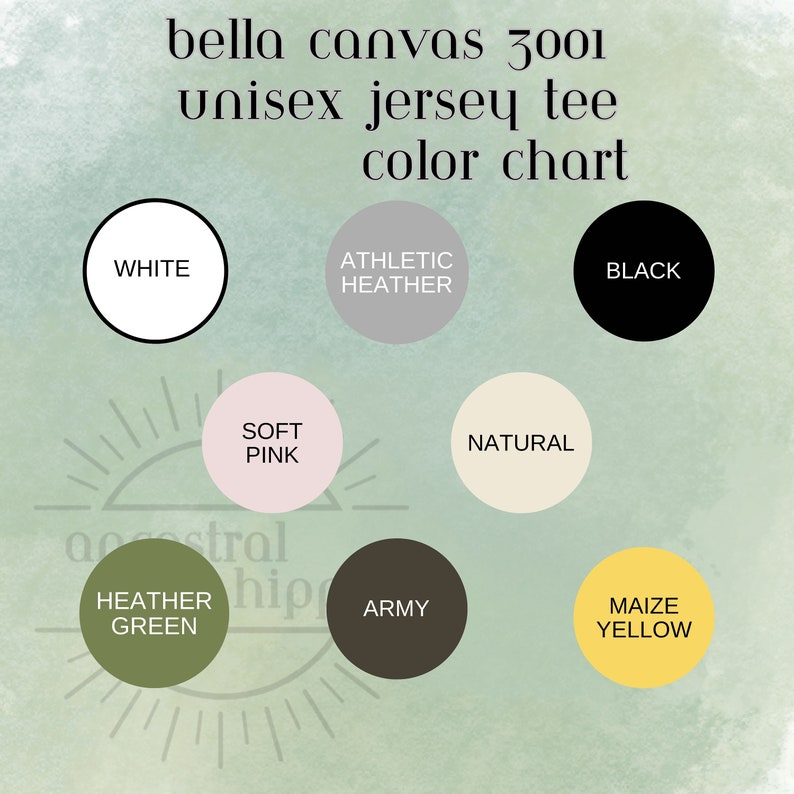 May include: Color chart for Bella Canvas 3001 unisex jersey tee shirts.  The chart shows 10 different colors: white, athletic heather, black, soft pink, natural, heather green, army, maize yellow.
