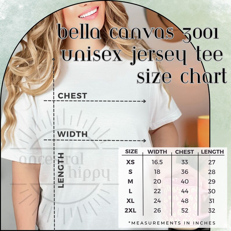 May include: Size chart for Bella Canvas 3001 unisex jersey tee, showing measurements in inches for width, chest, and length for sizes XS, S, M, L, XL, and 2XL.