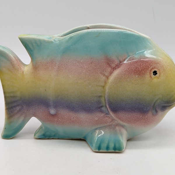 Vintage Pottery Fish Planter Vase Rainbow Pastel Drip Glaze