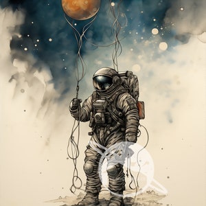 Celebração do astronauta, aniversário do astronauta, cartão temático espacial, download instantâneo, cartões de aniversário de 2 tamanhos, arte de astronautas e balões