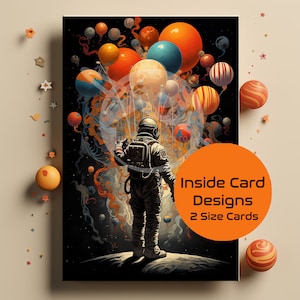 Biglietto d'auguri, Download istantaneo, Arte della carta interna, Carta dell'astronauta, Arte spaziale, Interstellare, Astronauta con palloncini, 2 dimensioni, Alta risoluzione, Spazio