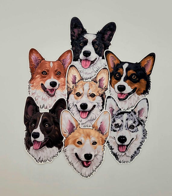 Corgi Head Sticker Pack - 7 Unique Designs - Black White Red Blue Merle Brindle Tri-Color Sable Fawn - Vinyl, Water Resistant, Bottles, Gift