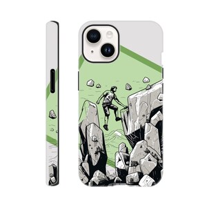 May include: A white phone case with a green and white geometric design. The design features a black and white illustration of a person jumping between two large rocks.