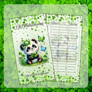 Könnte beinhalten: Ein druckbarer St. Patrick's Day Budget-Tracker mit einer niedlichen Panda-Illustration. Der Tracker hat Spalten für Datum, Plus oder Minus und Summe. Der Panda hält ein Kleeblatt und ist von Kleeblättern und Schmetterlingen umgeben.