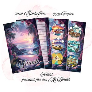 Könnte beinhalten: Ein Set von A6-Ordner-Einlagen mit Reisemotiv. Die Einlagen zeigen eine tropische Sonnenuntergangsszene, linierte Seiten und kreisförmige Illustrationen von Wahrzeichen wie dem Sydney Opera House und dem Taj Mahal. Text: "zum Einheften" und "350g Papier".