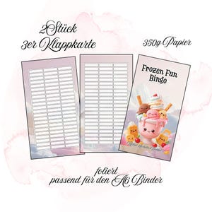 Könnte beinhalten: Drei A6-Ordner-Einsätze mit rosa-weißem Aquarellhintergrund. Zwei Einsätze haben ein Rastermuster, und der dritte zeigt ein "Frozen Fun Bingo"-Design mit Eiscreme-Charakteren. Der Text lautet "2 Stück 3er Klappkarte 350g Papier" und "foliert passend für den A6 Binder."