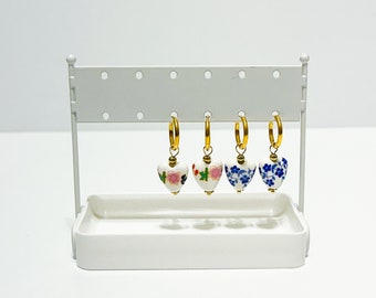 Dainty Porcelain Earrings, Gold Hoop Earrings, Floral Heart Porcelain Earrings, Small Hoop Gold Earrings