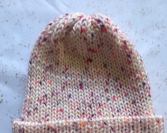 Hand Knit Beanie Hat Brown Knit Beanie With Multi-colored  display picture 1