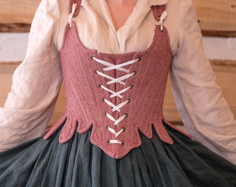 READY TO SHIP Red Wool 18th century Corset, set of stays, front and back lacing with tabs for fairs, renaissance, period fantasy costumes!