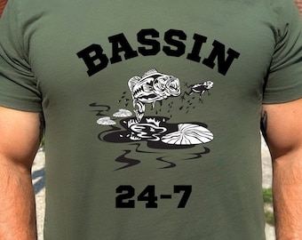Bassin 24-7 T-Shirt: Largemouth Bass Graphic Tee, Fisherman Gift