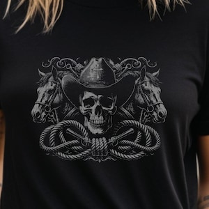 Outlaw Western T-shirt: Skull Cowboy Hat, Horses, Vintage Style