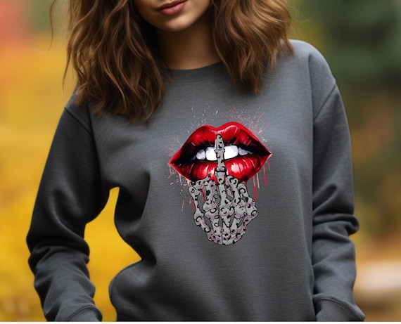 Rebellious Gothic Lips Sweatshirt with Middle Finger Skeleton Sweatshirt, Sarcasm Sweater, Alternative Clothing, Gothic Sweatshirt