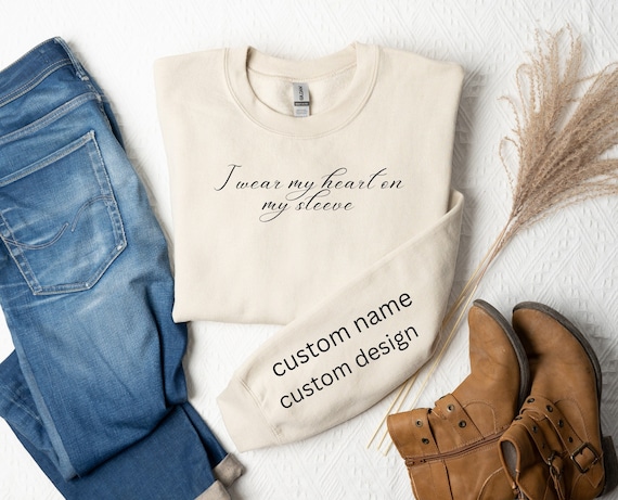 I Wear My Heart On My Sleeve Sweatshirt, Mama Shirt With Kids Names, Gift for Mom, Custom Mama Sweatshirt,  New Mom Gift, Pregnancy Reveal